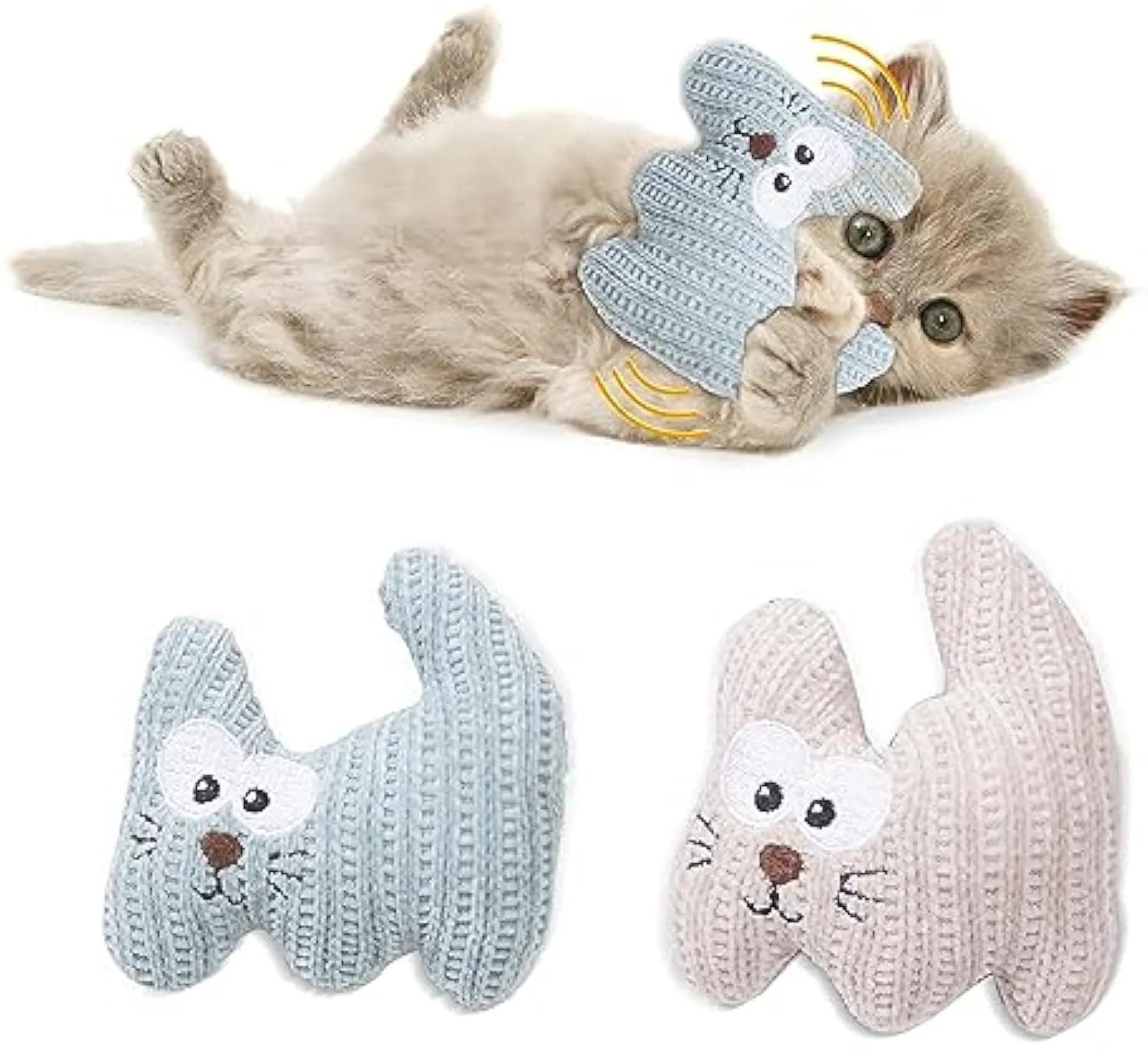 Cyan plush cat chew toy with rope ends, containing catnip and a bell.