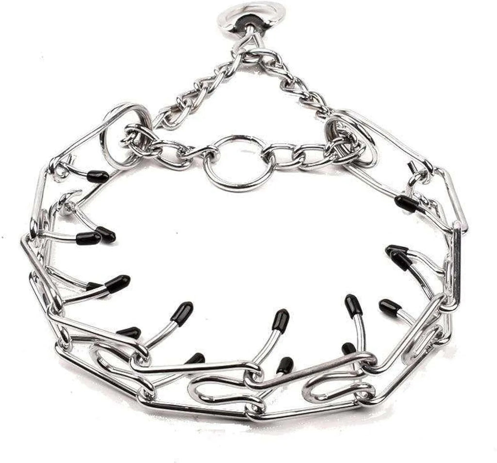 Stainless steel adjustable dog training collar with round head links and rubber tipped prongs
