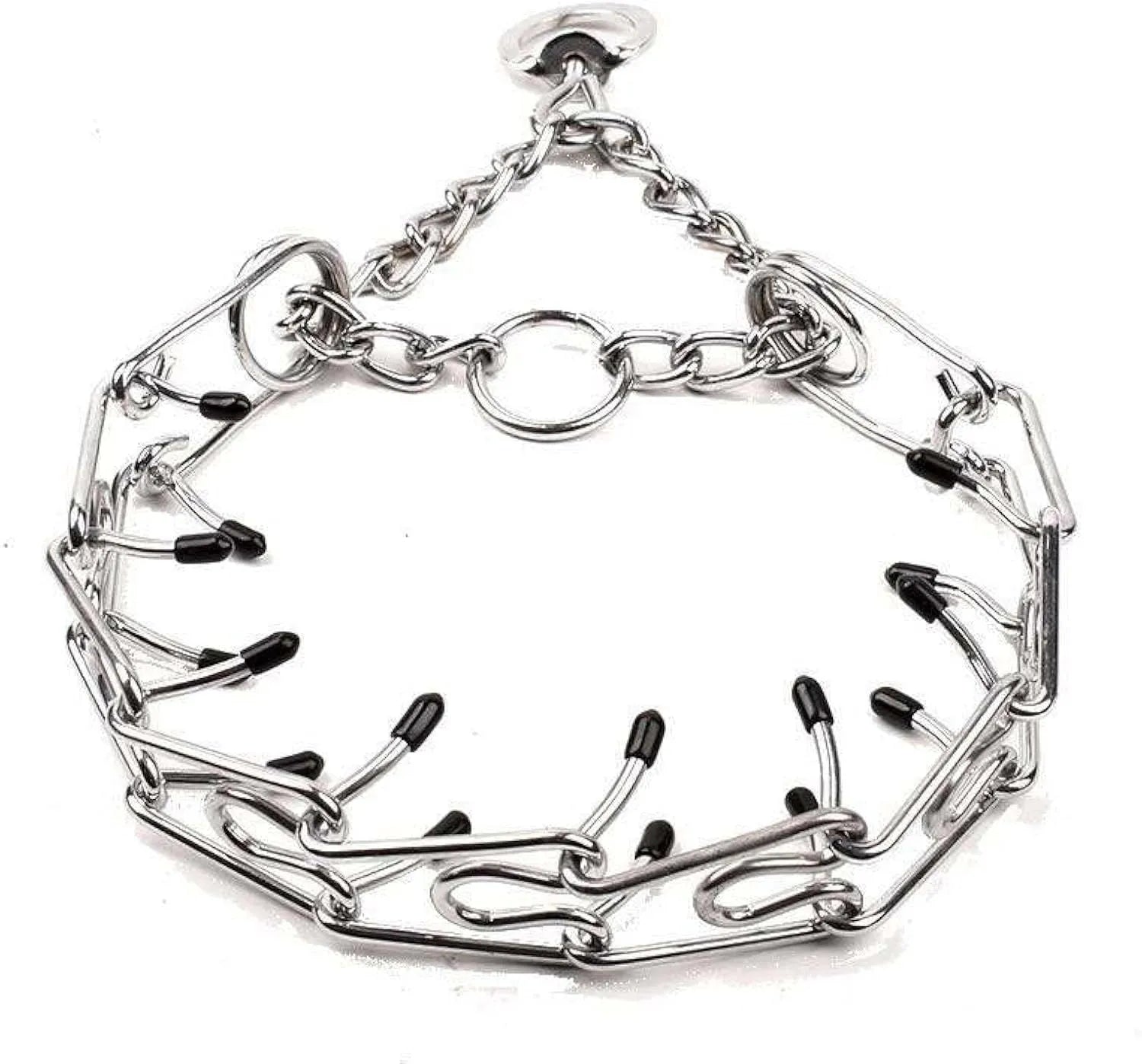 Stainless steel adjustable dog training collar with round head links and rubber tipped prongs