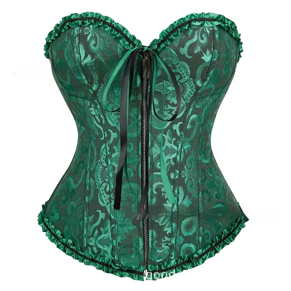 Court women's zipper-front jacquard corset in spandex fabric for waist support and shaping