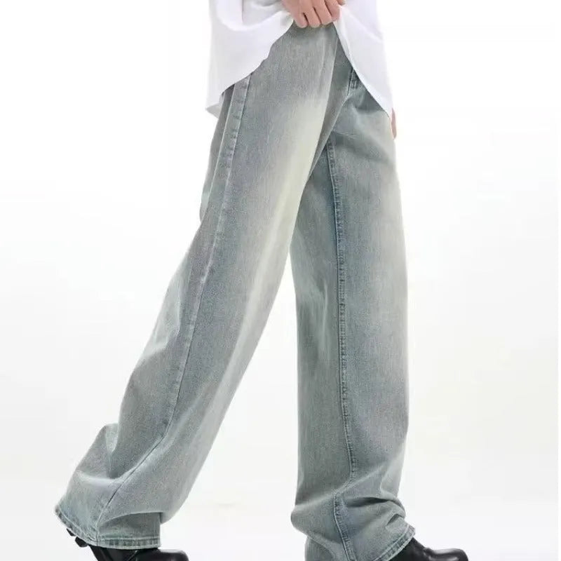Blue loose-fit retro trousers made from rabbit fur fabric on a mannequin.