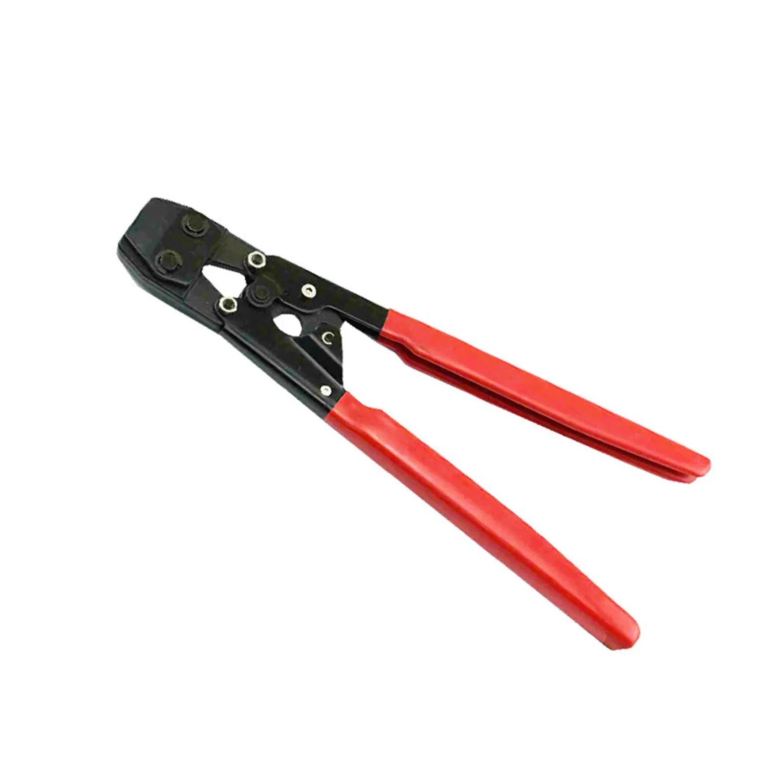 Red cloth case containing a single metal PEX clamp tool with a carbon steel cutting edge.