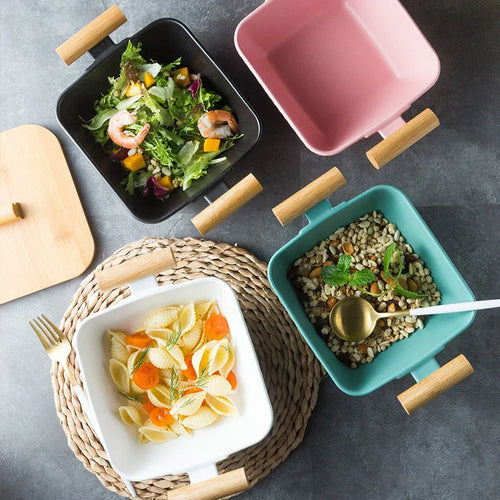 Modern porcelain ceramic serving bowl with lid in irregular shape design