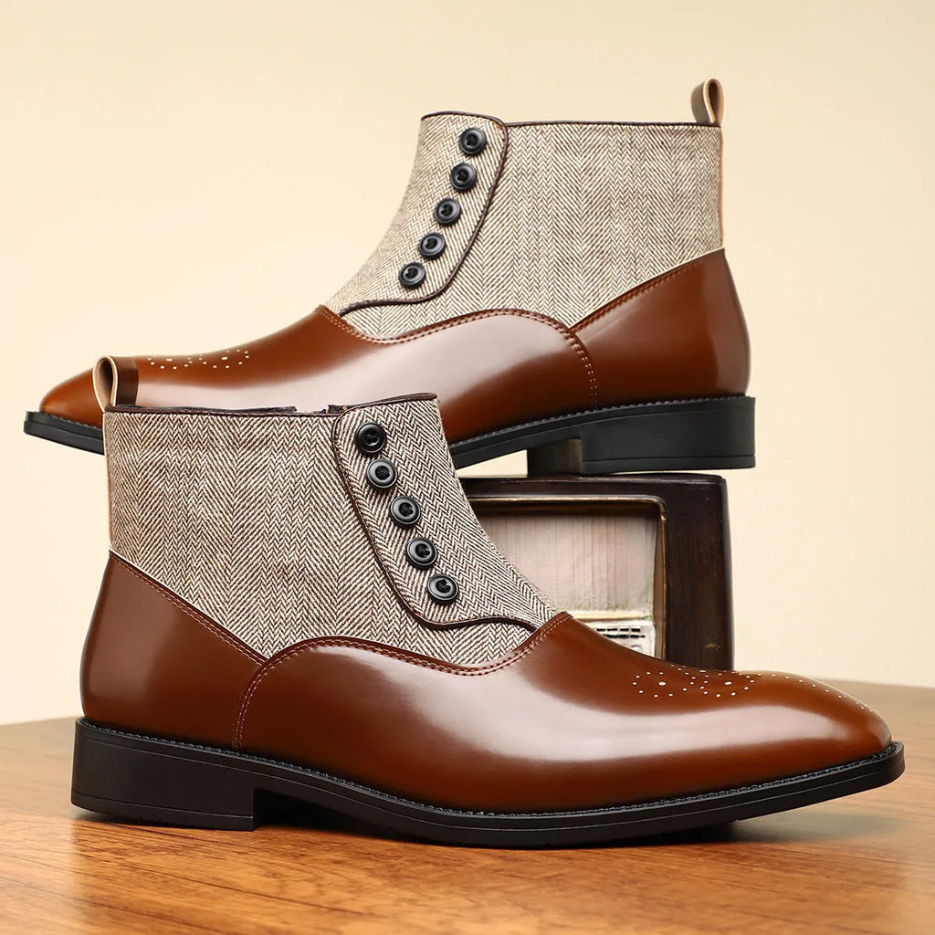 Men's brown and green retro business formal shoes with side zipper and square toe.