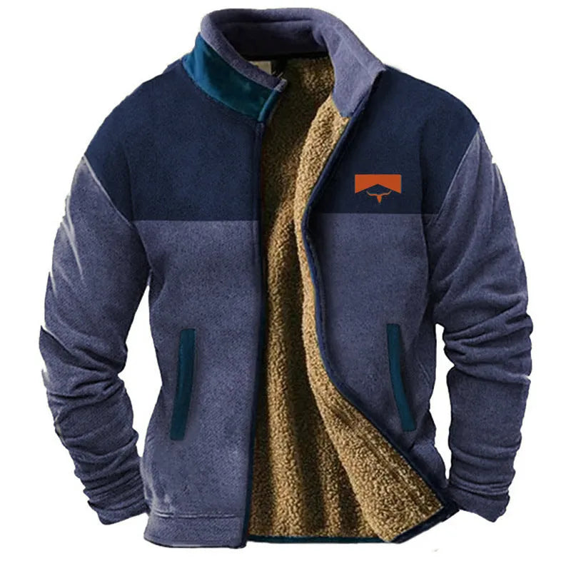 Men's polyester padded coat in regular length on a hanger, available in blue, green and light brown.