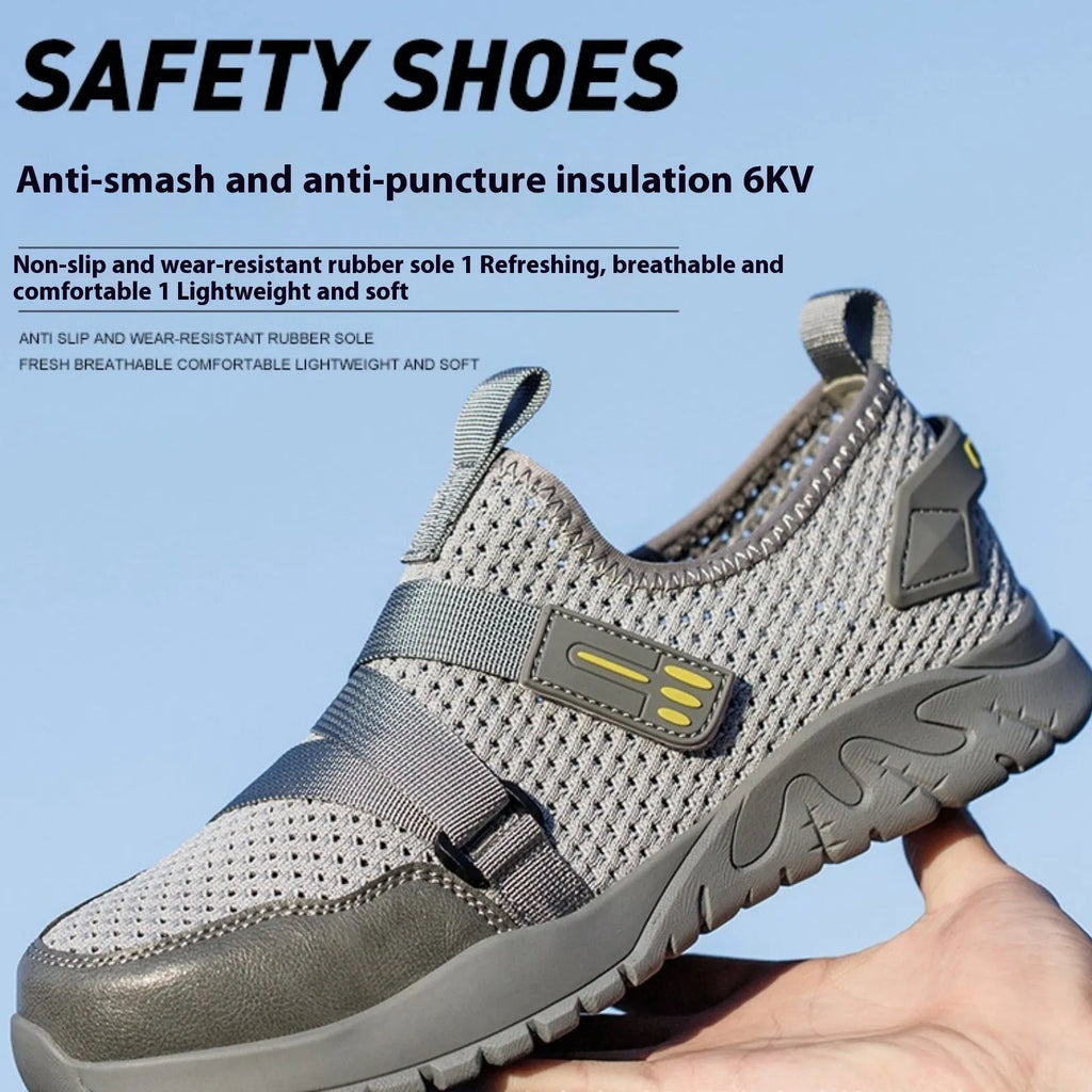 Men's grey steel toe cap safety boots with rubber soles for workplace protection