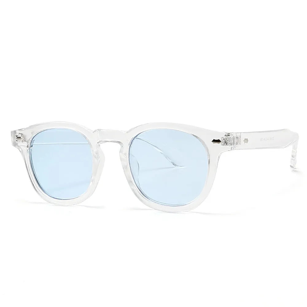 Round rim plastic sunglasses in bright black frame with black and grey lenses