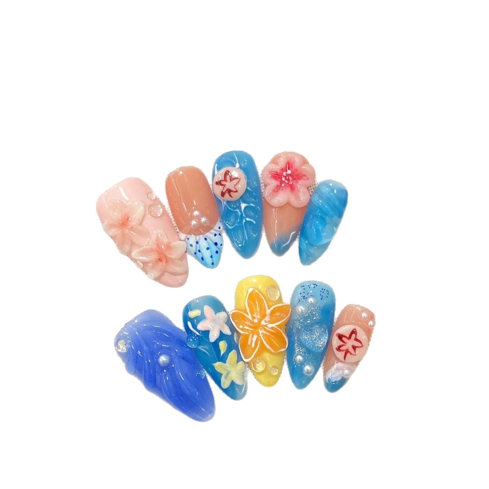 Three-dimensional carved jellyfish marine style wearable armour set in almond nail colour