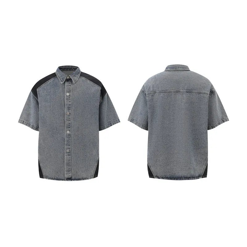 Retro washed denim suit with short-sleeved jacket and matching trousers in black or blue