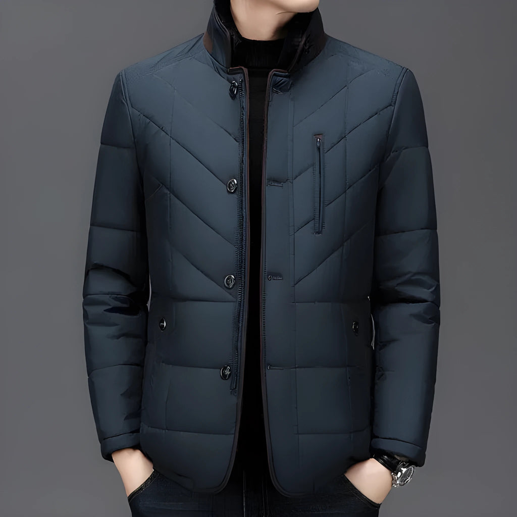Men's dark blue quilted short winter coat with side pockets