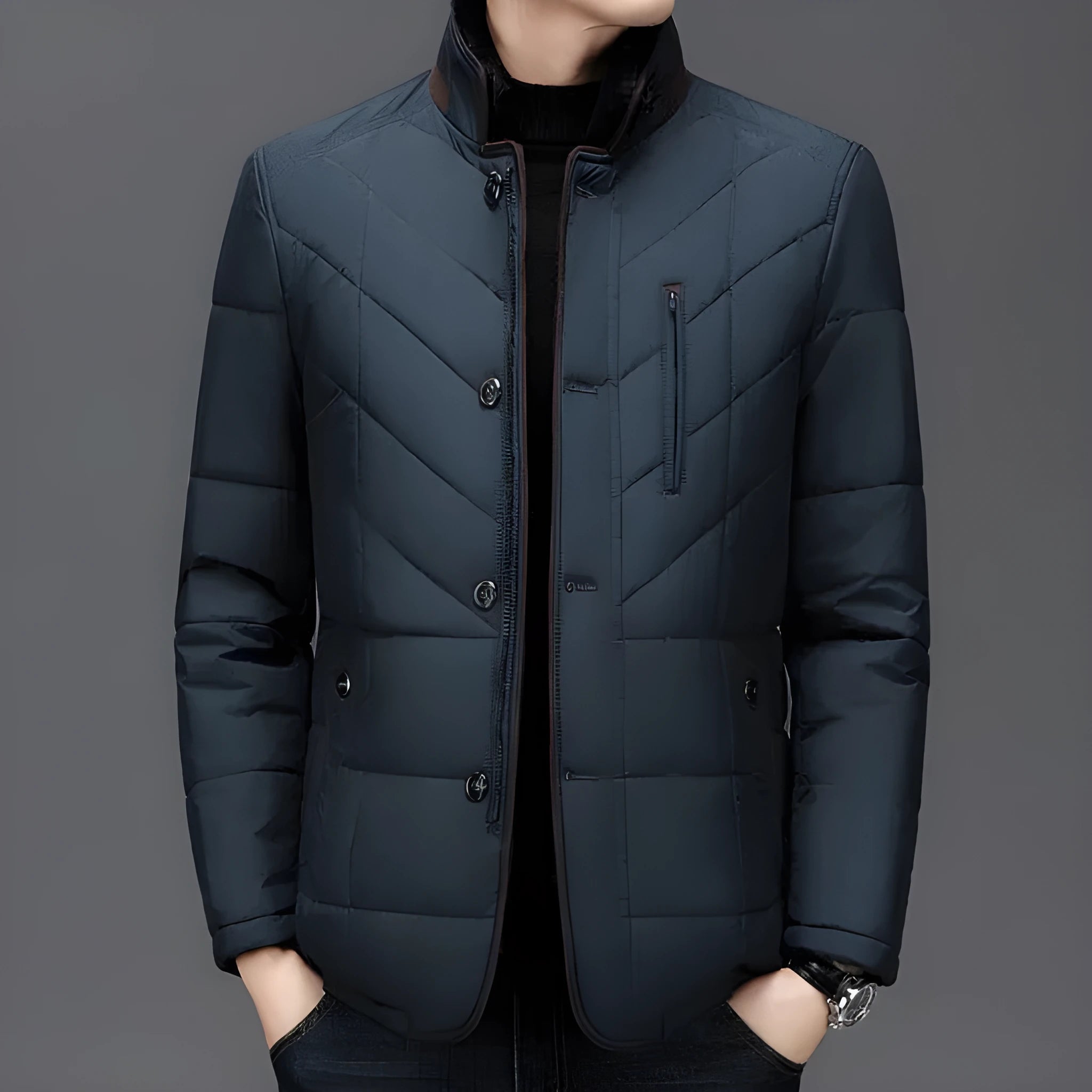 Men's dark blue quilted short winter coat with side pockets