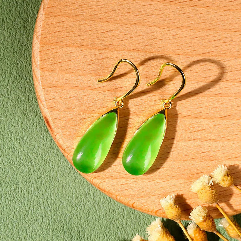 Geometric Chinese-style earrings with water droplet elements in electroplated jade colour on copper
