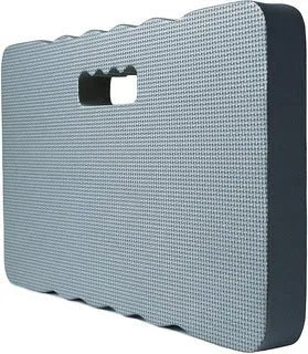 Blue EVA foam garden kneeler pad with handle on grass, dimensions 45cm by 28cm.