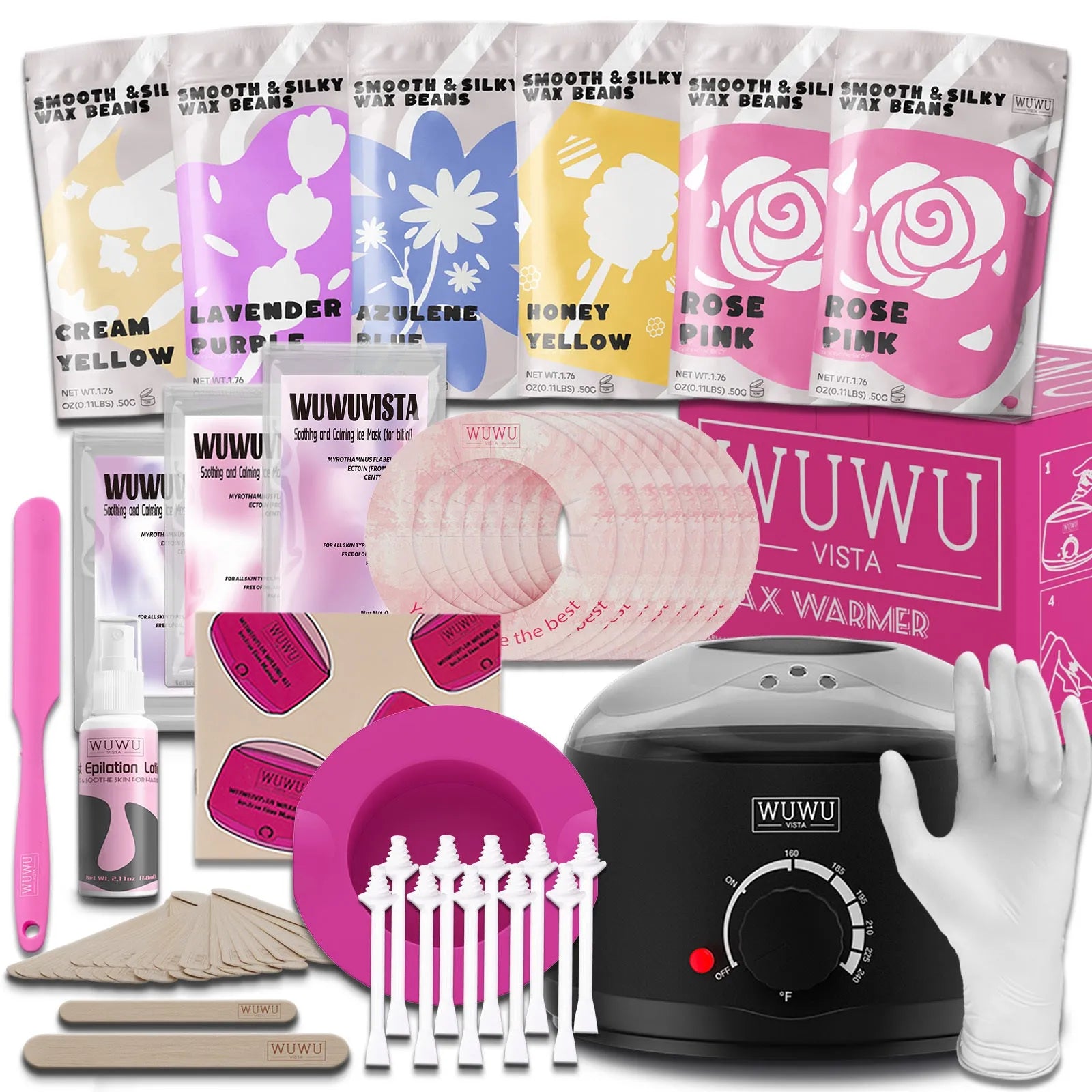 WUWUVISTA professional waxing kit with black wax warmer, coloured hard wax beads, applicators and aftercare products