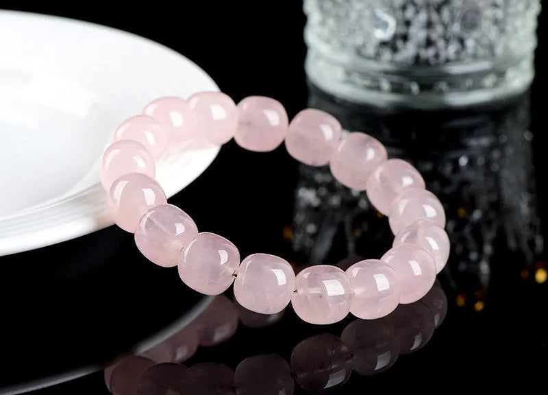 Pink bamboo crystal barrel bead bracelet with 11-12mm geometric beads and unisex design