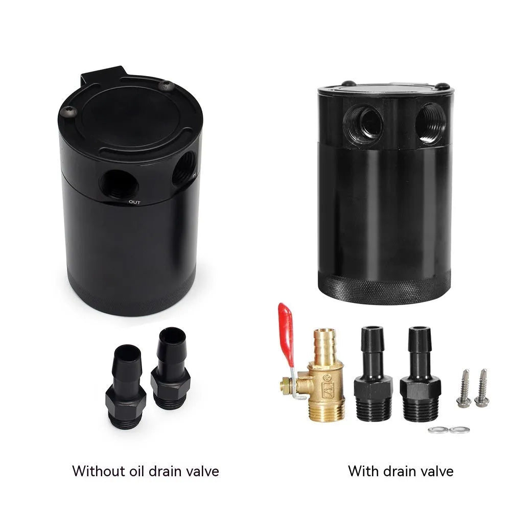Black aluminium automotive oil pot with two-hole breathable design and connector fittings