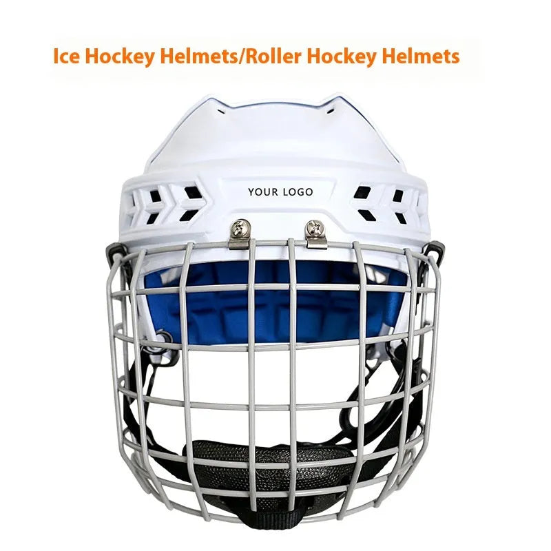 Ice hockey helmet with a carbon steel face mask shown in size S, M, L, or XL on a neutral background.