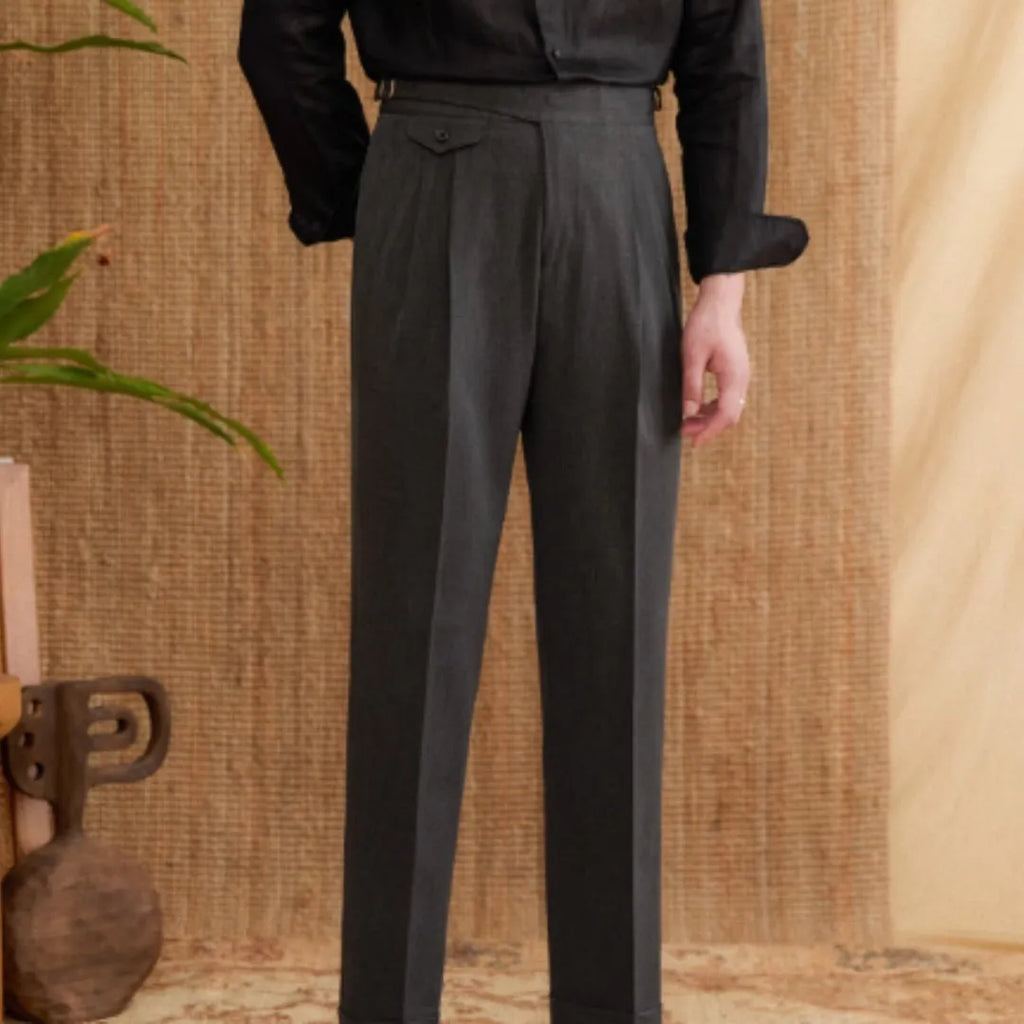 Men's slim fit straight leg trousers in dark grey, light brown, and light apricot