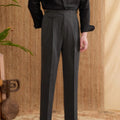 Men's slim fit straight leg trousers in dark grey, light brown, and light apricot