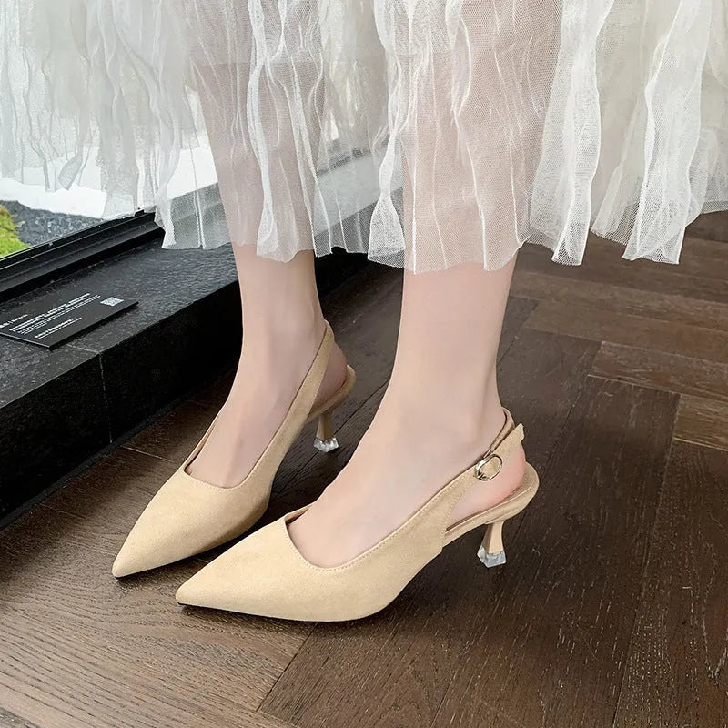 Women's pointed stiletto high heel shoes in suede, showing apricot, pink, blue, and yellow colour options.