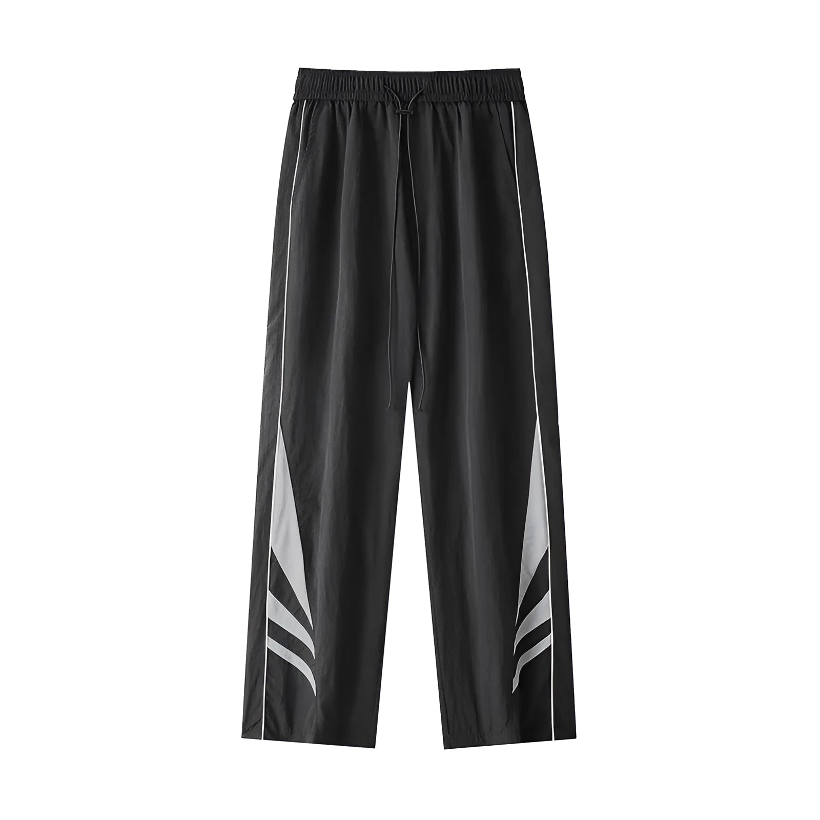 Men's straight cut casual trousers in black with elastic waistband and cardigan button detail