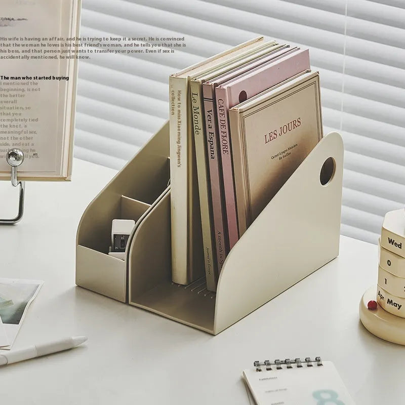 Desktop storage box with two grid layers in milk coffee colour, dimensions 14.5x17x22cm