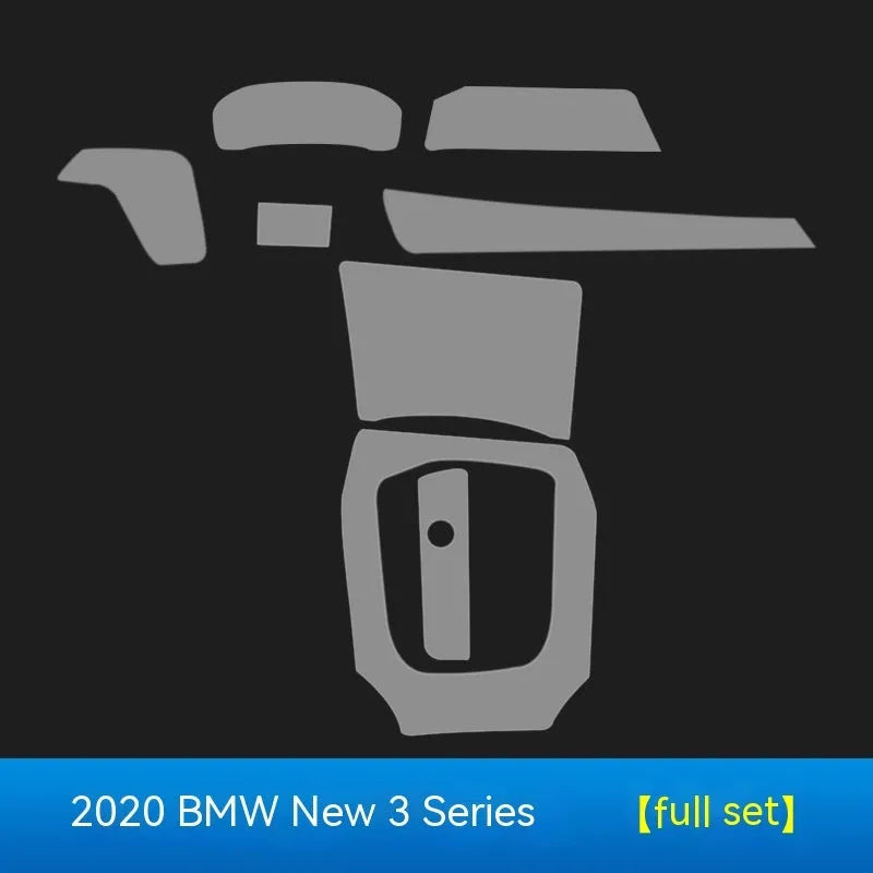 Transparent TPU protective film for BMW 3 Series dashboard and centre console, 2014-2020 models.