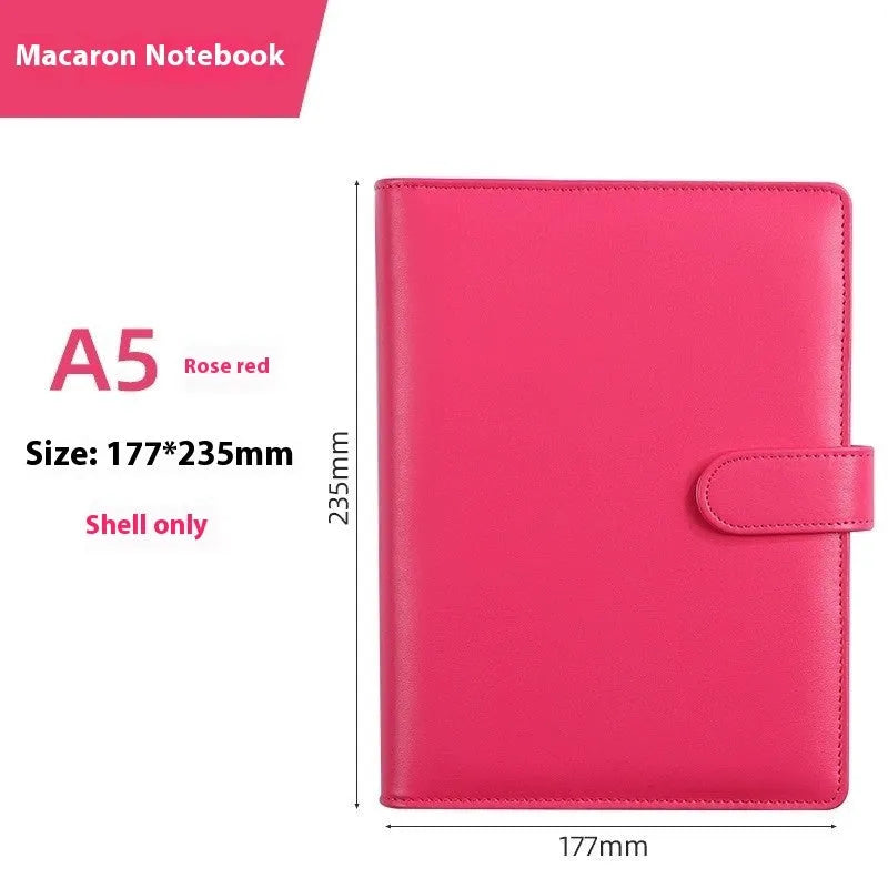 A5 PU leather zippered notebook shell in multiple solid colours including pink, blue, and black.