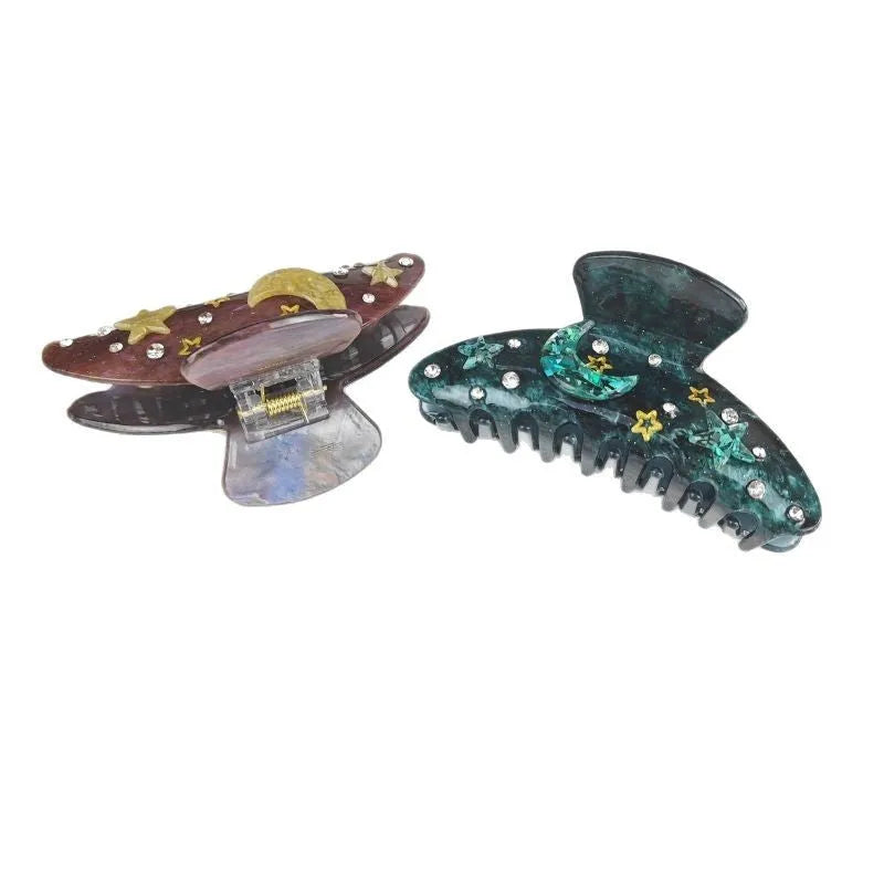Oversized celestial barrette hair clip with star moon design in starry sky colours