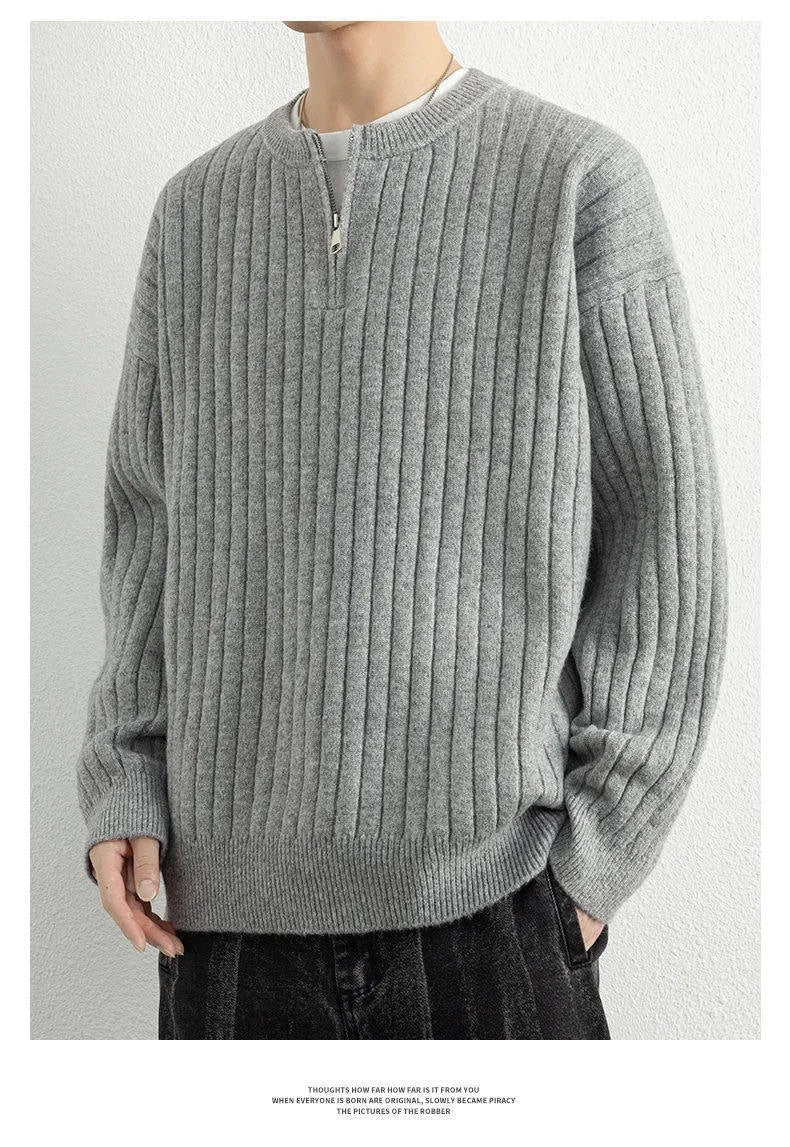 Men's gray half zip pullover sweater with texture knit and loose fit