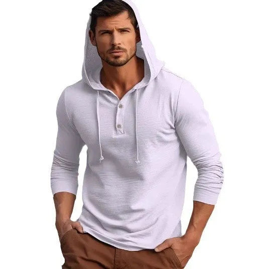 Men's dark blue cotton pullover hoodie with long sleeves on a mannequin