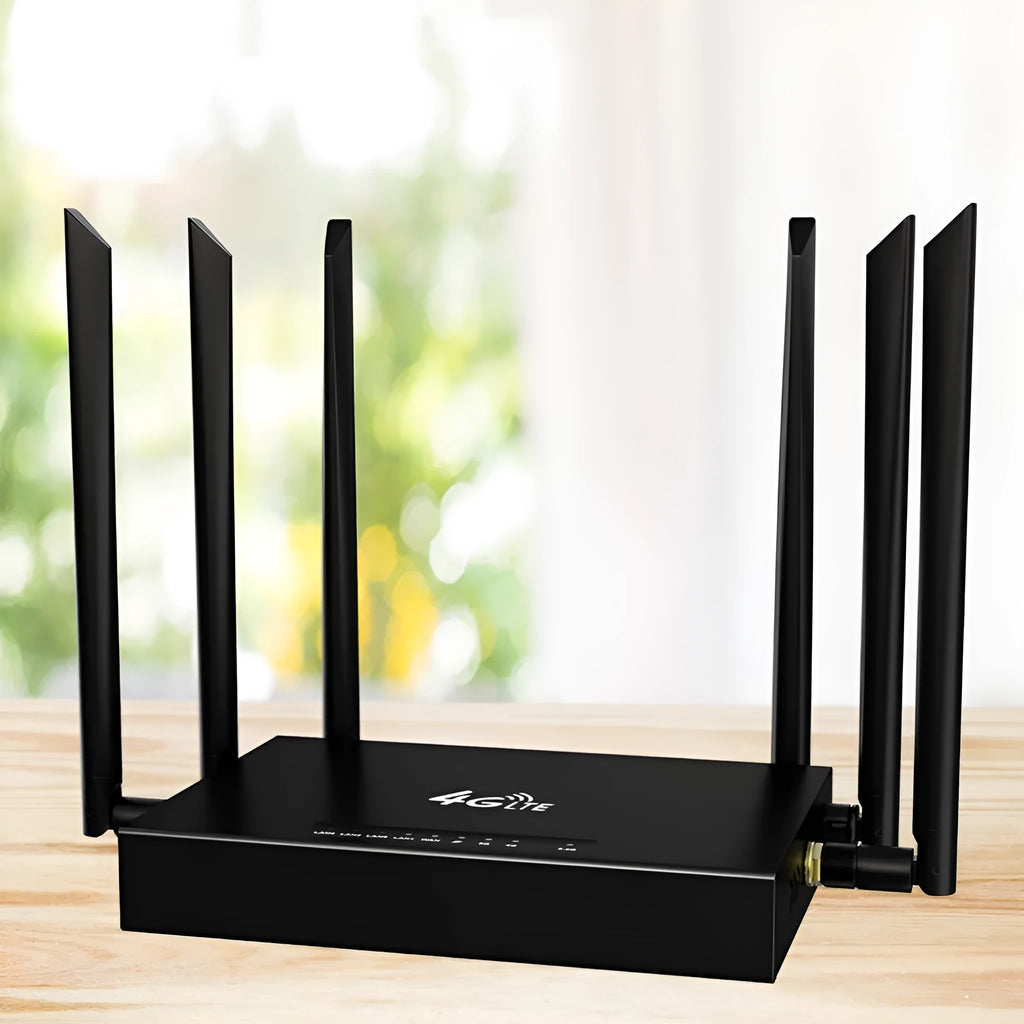 Industrial iron casing 4G router with removable antennas showing DC power interface