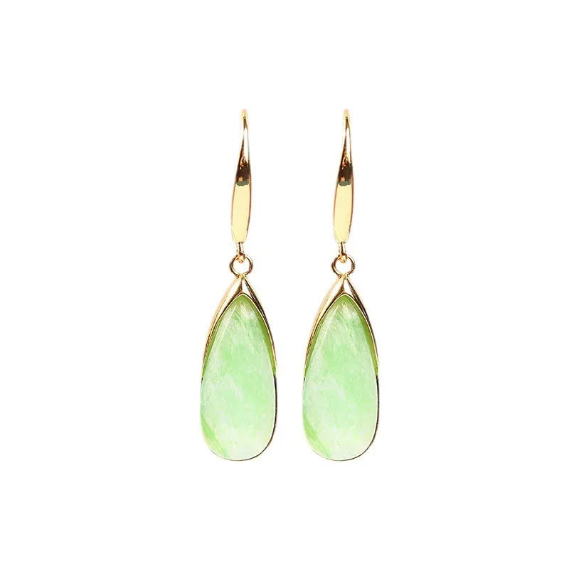Geometric Chinese-style earrings with water droplet elements in electroplated jade colour on copper