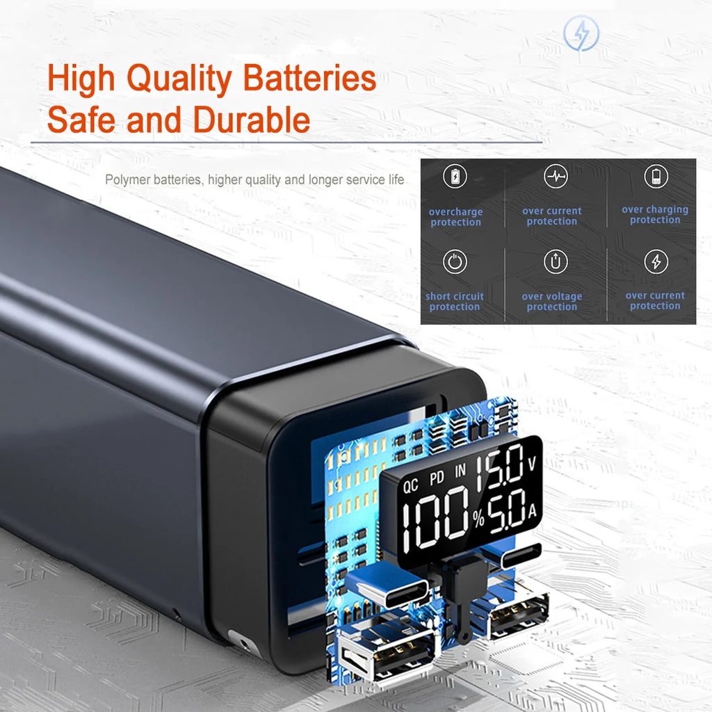 Black high power 65W metal laptop charging bank showing size and ports.