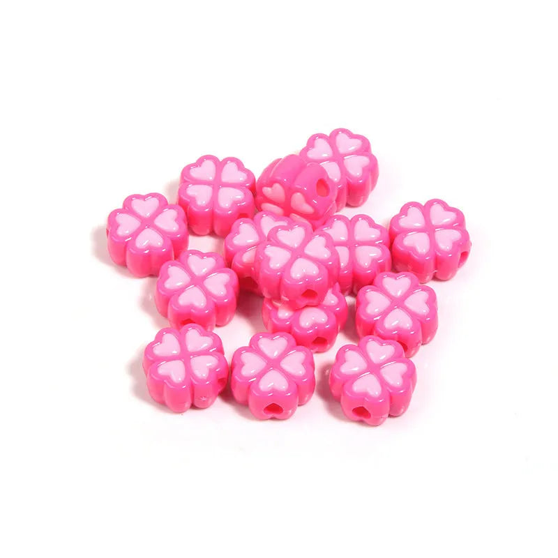 15mm frosted acrylic four-leaf clover love beads in mixed colours including rose red, pink, yellow, green, blue, purple.