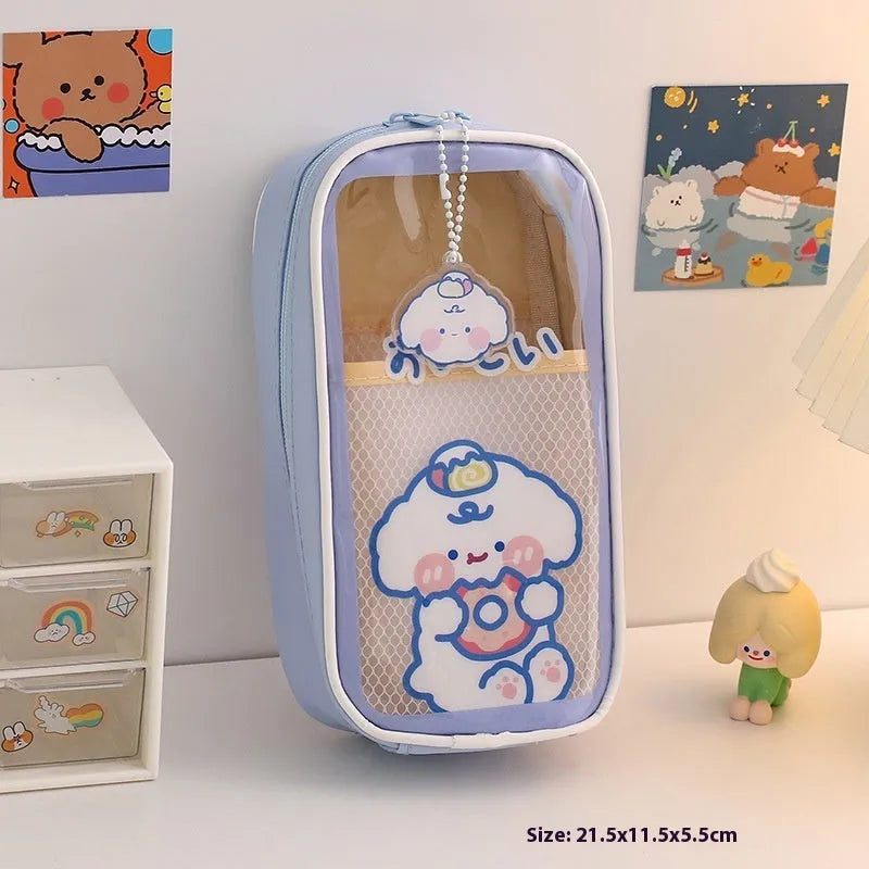 Transparent PVC pencil case with Korean cartoon pattern in vertical orientation
