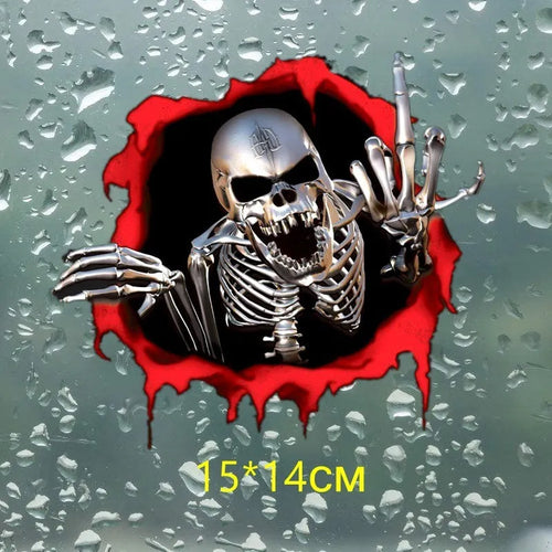 Colourful reflective metal skull car bumper sticker with broken shell pattern