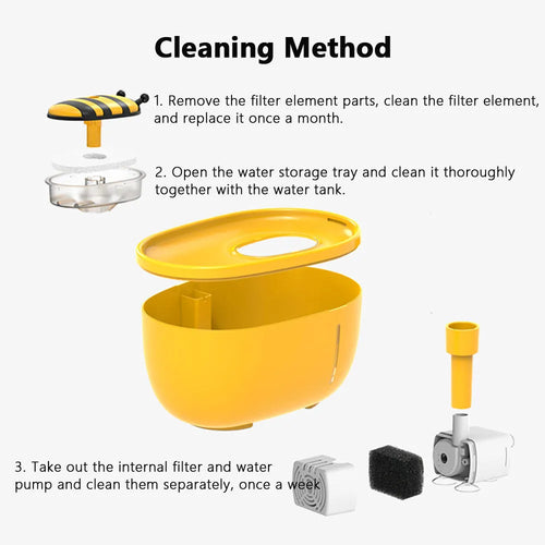 Yellow cat water fountain with filtration system, blue LED light, and water level window.