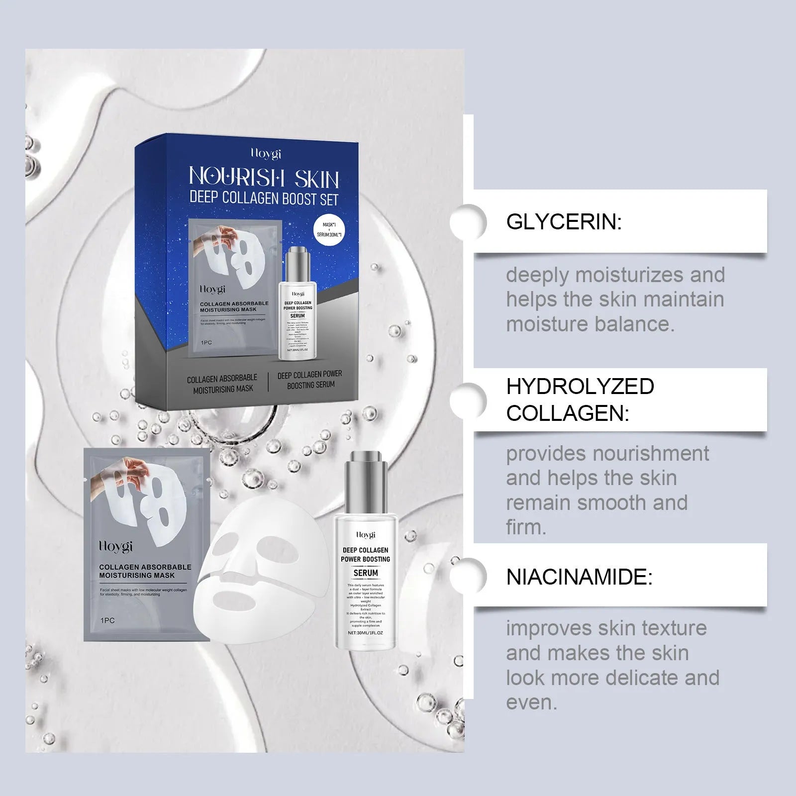 Collagen moisturising sheet mask and 30ml essence bottle skincare set