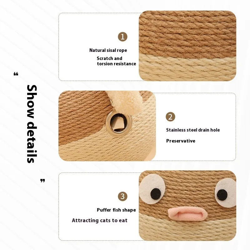 Puffer fish shaped pet puzzle feeder toy made from woven sisal hemp strips with 15cm cube dimensions