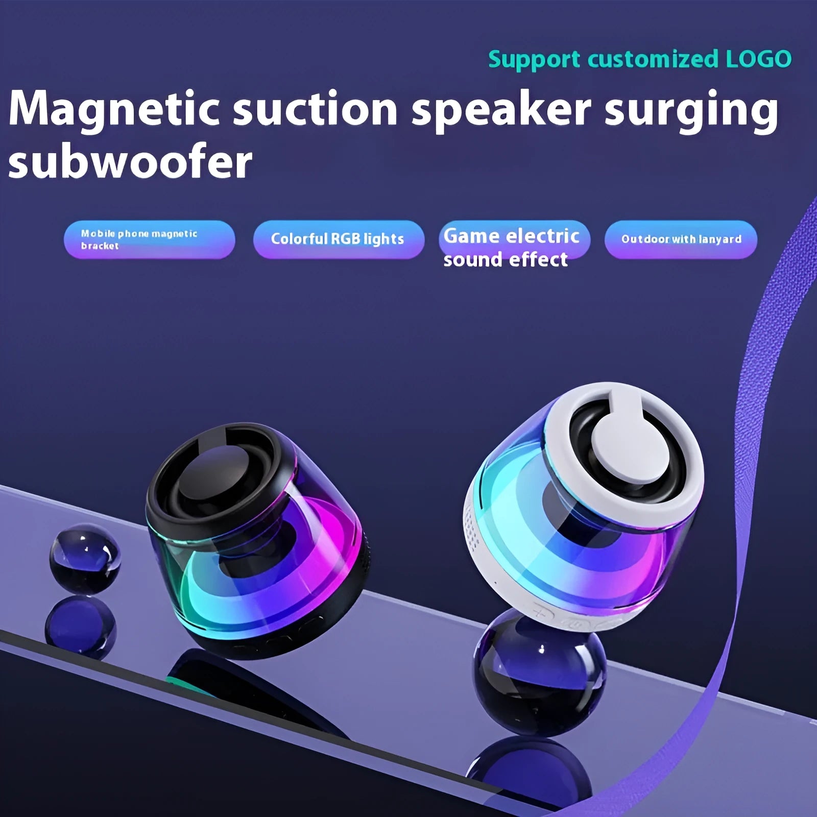 Black and white portable Bluetooth speaker with magnetic base and ambient lighting on desktop