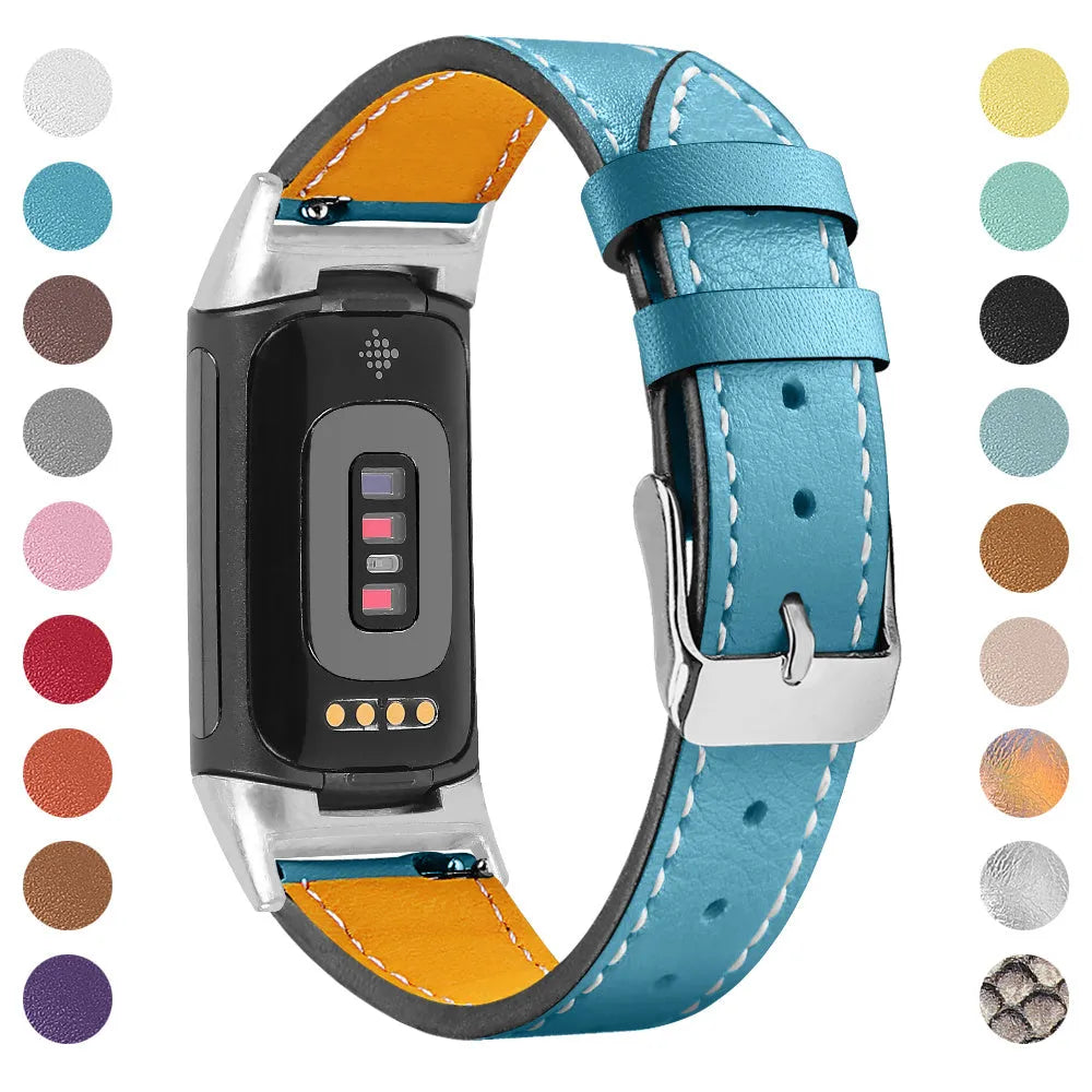 Genuine leather strap for Fitbit Charge 5 and Charge 6 smartwatches in assorted colours.