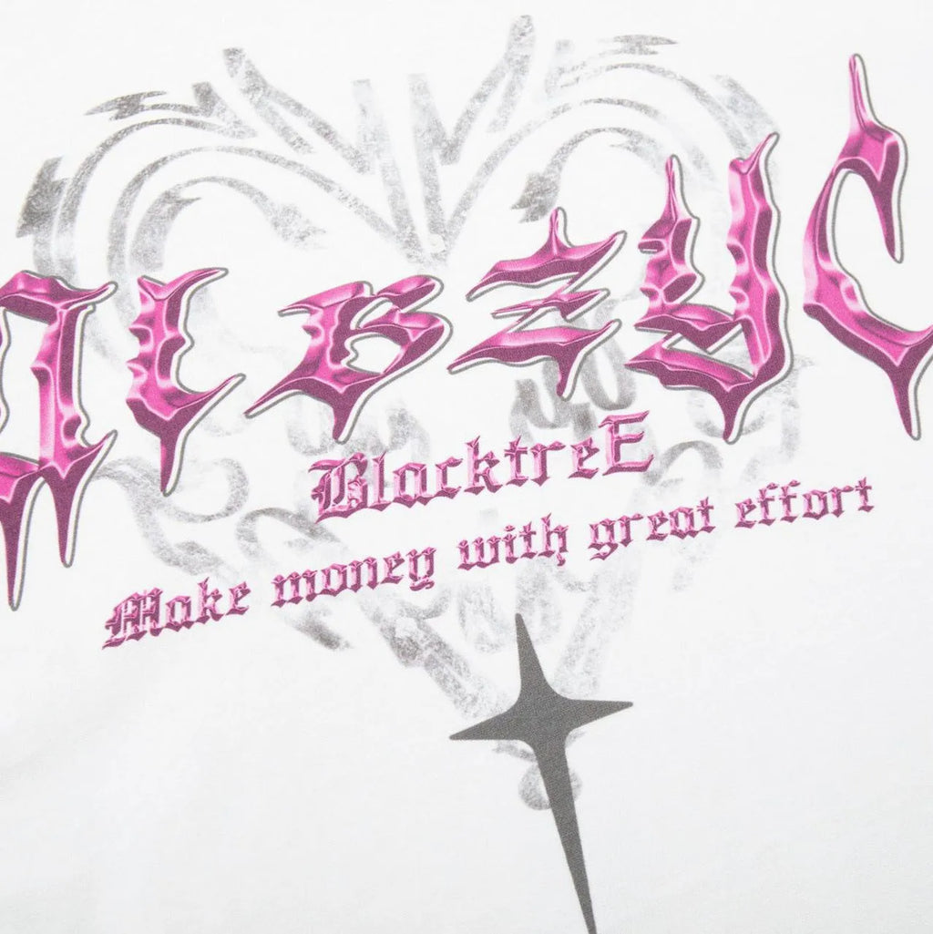 Man wearing a black loose fit cotton t-shirt with a retro graphic print on the chest.