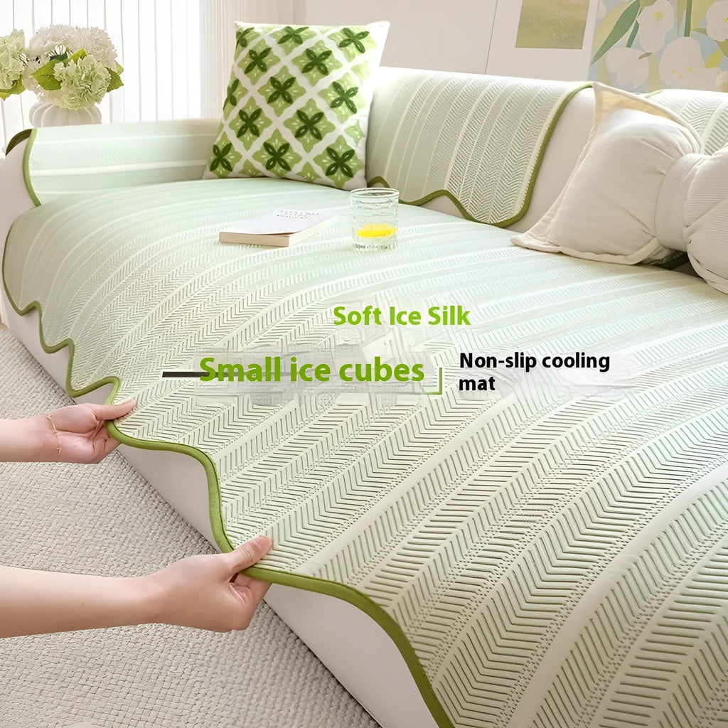 Special-shaped ice silk sofa cover with straight row mat construction and non-slip cushion in jelly green pattern