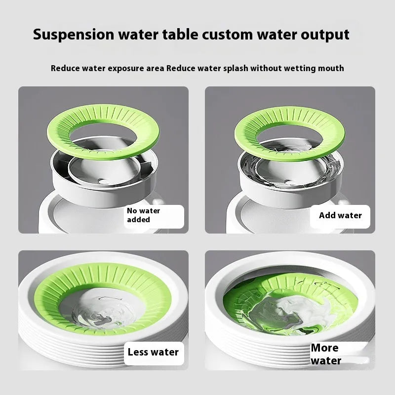 Suspended pet water bowl with non-wet mouth design in blue, green, and brown colours
