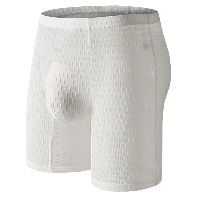 Men's lace boxer underwear in light purple on a grey background, showing the lengthened hip lift design.