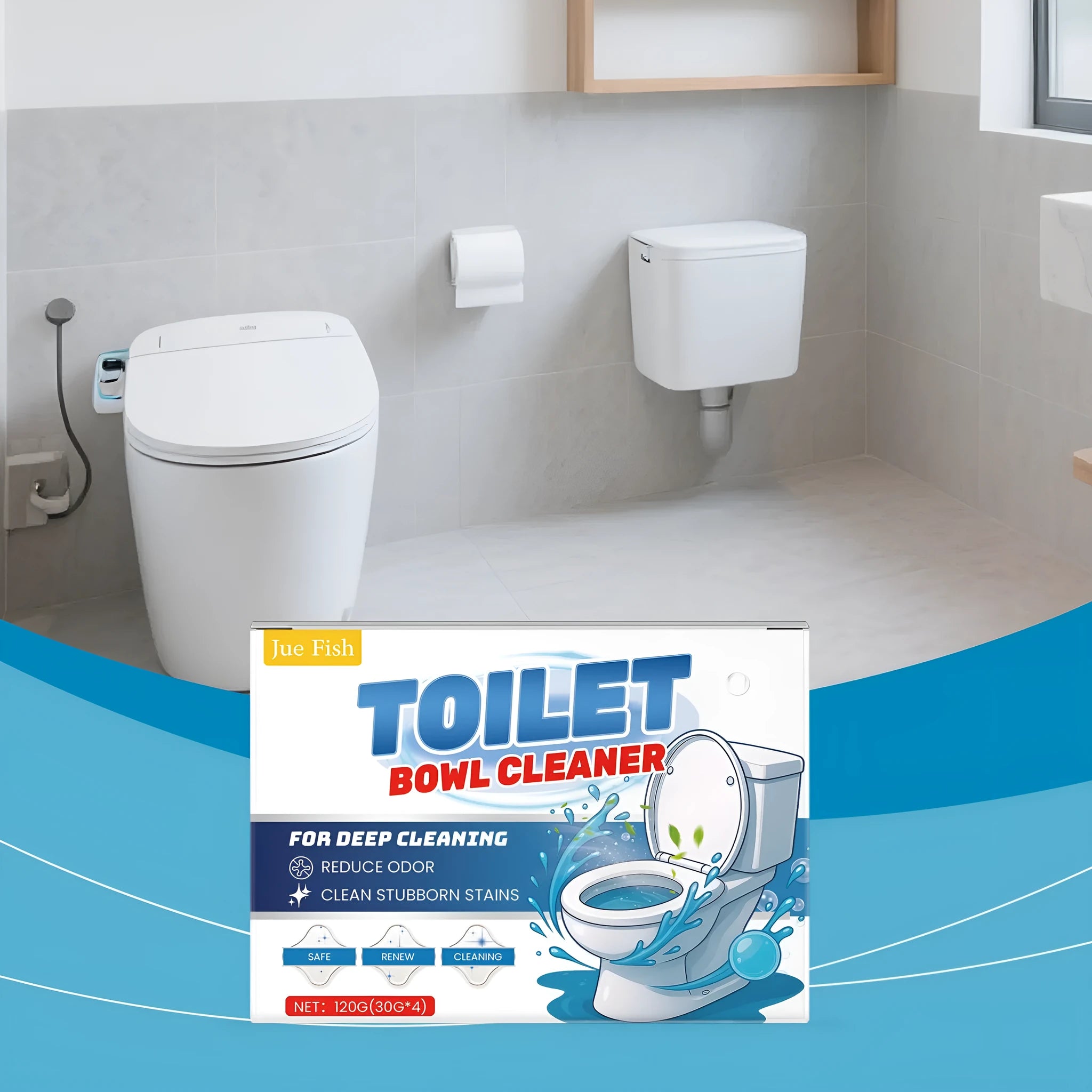Box of toilet bowl cleaner powder showing four individual 30g sachets, 120g total pack