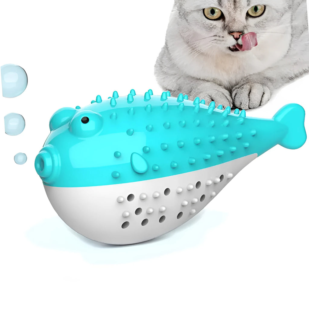 Mint Toys fish-shaped silicone cat chew toy with toothbrush feature in blue, green, pink, or yellow