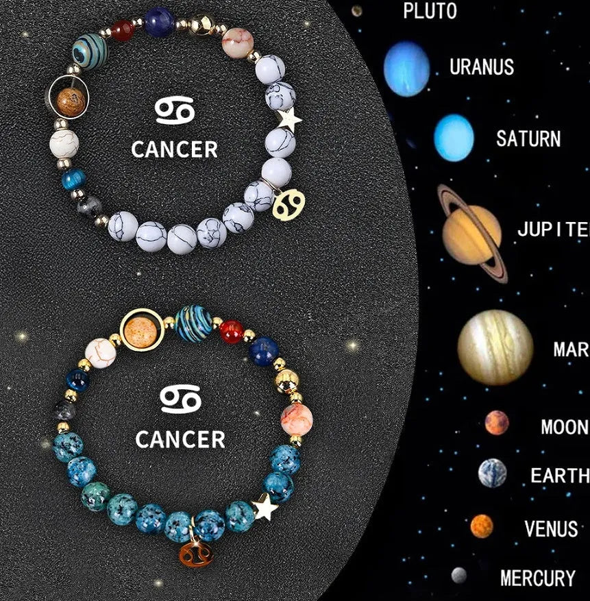 Set of twelve natural stone beaded bracelets for each zodiac sign arranged together.