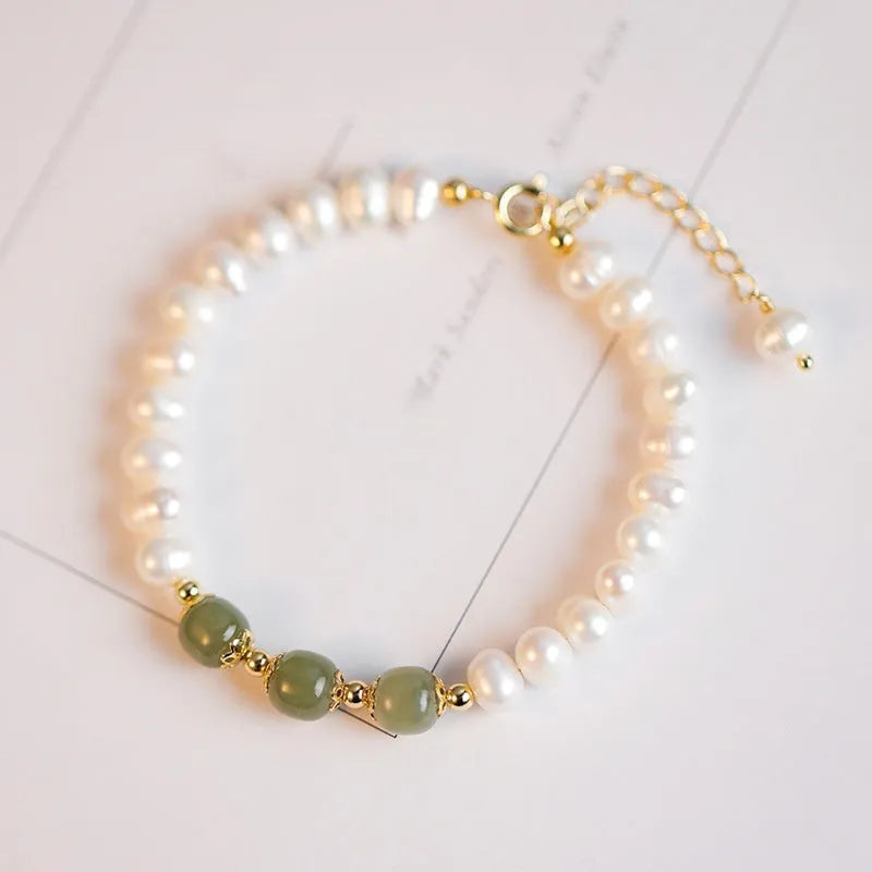 Korean style freshwater pearl bracelet with diamond-shaped electroplated beads in jade colours